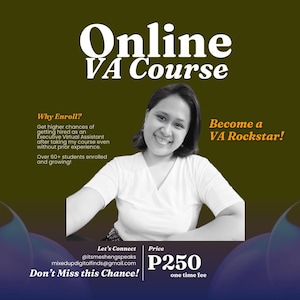 May include: An advertisement for an online VA course. The image features a smiling woman in a white shirt, with text that reads "Online VA Course" and "Become a VA Rockstar!". Additional text includes "Why Enroll?" and contact information.