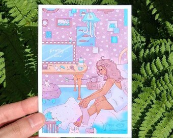 ホログラフィックミニアートプリント｜ピンクブルーオーシャンイラスト、壁コラージュ装飾