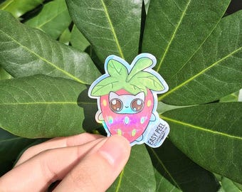Holographic Strawberry Cat Sticker | Silly Summer Cartoon Art (2" x 2")