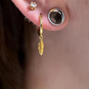 Gold 925 Sterling Silver Feather Charm Hoops