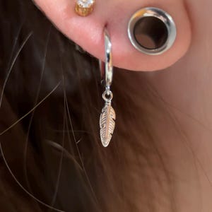 Trendy Feather Charm Hoops - Solid Sterling Silver