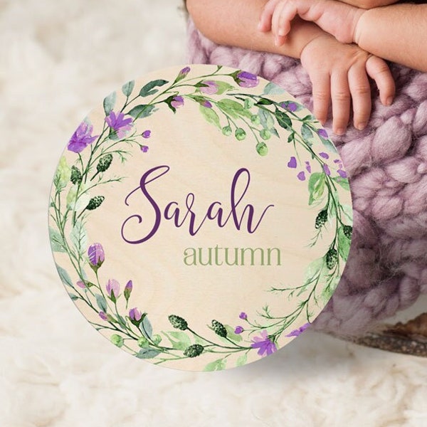 Round Wood Sign For New Baby / Baby Shower Gift / New Baby Wood Name Sign / Wreath with Flowers / Newborn Family Gift Sign A1006