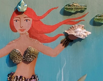 Mermaid Art on Wood, Wire Hanger - Sally Sells Seashells - Red Headed Siren Hawking Shells - Original Art, Shells, Glass & Wood Beads, Bling