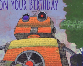 Robots Attacking Birthday E-Card Instant Download “Oh No!! Not on Your Birthday” Comic Book Art  Flying Saucers, Giant Robot Birthday ECard
