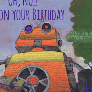 Robots Attacking Birthday E-Card Instant Download “Oh No!! Not on Your Birthday” Comic Book Art  Flying Saucers, Giant Robot Birthday ECard
