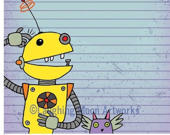Four Yellow Robots Note Pads 4" x 6" - Original Digital Art “Even Robots Forget Sometimes" - Fun, Whimsical Robot Notepads - Useful Gift!!