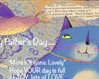 ECARD, Sci-Fi Themed Father's Day Whimsical E-card, Fantasy Blue Stripped Cat and Purple Winged Bird's Happy Father's Day Wish, Original Art