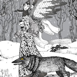Enchantress - Fits 16&quot;x 20&quot; Mat - Limited Edition Giclee Print - Fantasy - Black & White Art - Black Wolf and Black Bird Winter Solstice