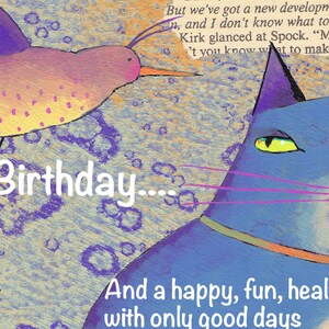 ECARD -Sci-Fi Thema Verjaardag E-Card - Fantasy Blue Fanged Kat & Golden Bird Talking Space Attack - Leuke Verjaardag E-Card voor alle Sci-Fi Fans