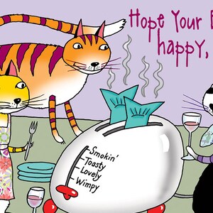 Verjaardag e-card - Kat Vrienden - 3 Kats Entertaining In The Kitchen - Eten, Wijn drinken - Happy Birthday, Smakelijke vis gedeeld met vrienden