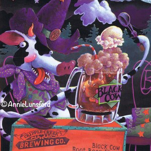 May include: Whimsical illustration of a cow wearing a purple outfit, enjoying a root beer float. The mug has "Black Cow" on it. A sign for Cripple Creek Brewing Co. is in the foreground. The artwork has a cartoonish style with a dark background.