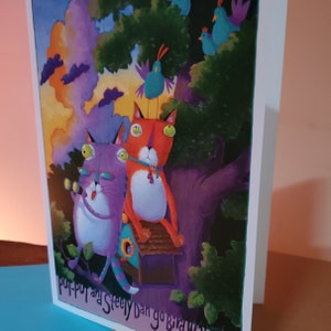 Pack 0f 5 Tarjetas de felicitación - En blanco dentro "Put Put and Steely Dan Go Bird Watching" Five 5" x 7"- 14 pt Papel mate, cuatro sobres turquesa