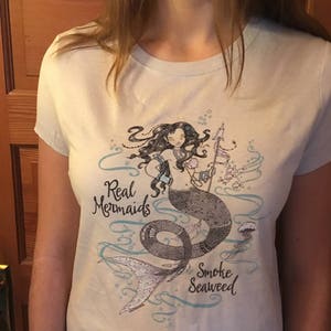 SALE! Mermaid Tee Slim Cut, Cream M, L, XXL Soft American Apparel Girly Jersey T-Shirt - Original Digital Art &quot;Real Mermaids Smoke Seaweed”