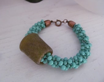 Turquoise Kumihimo 'From the Sea', bracelet with charred sea glass bottle top. free shipping