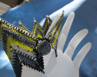 Beadwoven Bracelet From Dusk to Dawn to Dusk Again, yellows, greys, black chevron design