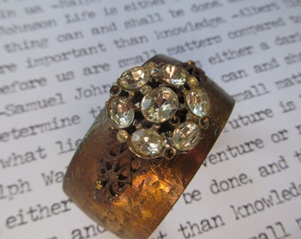 Etched Metal cuff bracelet, vintage rhinestone button