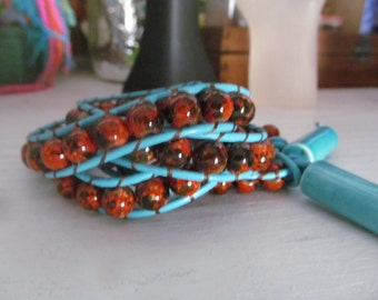 Turquoise and Copper Stone Wrap bracelet, with vintage beaded clasp, price reduced for the holidays!