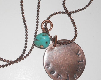 Teacher  Mom Graduation necklaces copper disc with turquoise charm Made to Order
