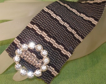 Cuff Beadwoven Bracelet  Pinstripes and Rhinestones Vintage Buckle Clasp