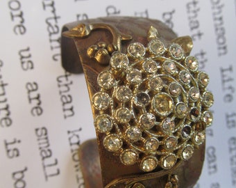 Etched bronze cuff bracelet, vintage rhinestone button, brass filigree