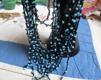 Seriously long crocheted beaded wrap bracelet/ necklace, blue beads, black thread - approx 18 feet long - YES