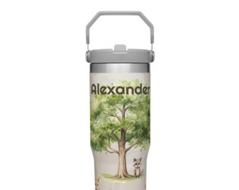 Personalisierte isolierte Wasserflasche mit ausklappbarem Strohhalm, Wald-Wald-Tierbaby-Thema, Edelstahl-Trinkflasche, Geburtstagsgeschenk