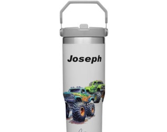 Personalisierte isolierte Wasserflasche mit ausklappbarem Strohhalm, Racing-Monster-Trucks-Fahrzeug-Thema, Edelstahl-Trinkflasche, Geburtstagsgeschenk