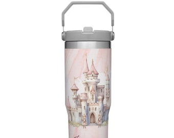 Personalisierte isolierte Wasserflasche mit ausklappbarem Strohhalm, rosa Märchenschloss- und Prinzessinnen-Motiv, Edelstahl-Trinkflasche, Geburtstagsgeschenk