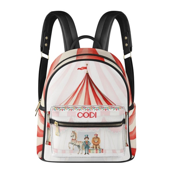 Kids Backpack PU Leather Red & White Vintage Circus Theme Personalized Gift School Bag Mini Back Pack Rucksack Satchel Tote Bag Diaper Bag