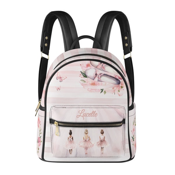 Kids Backpack PU Leather Pink Dancing Ballerina Theme Personalized Gift for Girls School Bag Mini Back Pack Rucksack Satchel Tote Bag