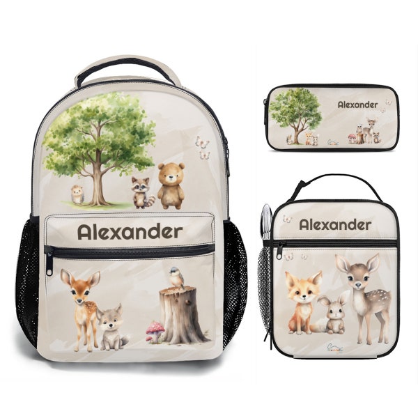 Kids Backpack, Lunch Box, Pencil Case 3pc Set Woodland Forest Baby Animals Theme Personalized Gift School Rucksack Satchel Tote Bag Lunchbag