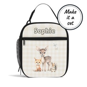 Sac à lunch isotherme avec nom personnalisé pour enfants avec animaux de la forêt, boîte à lunch refroidisseur de nourriture personnalisée, fourre-tout à collation pour bébés et tout-petits, cadeau d'anniversaire