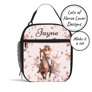 Sac à lunch isotherme avec nom personnalisé pour enfant avec motif cheval, boîte à lunch refroidisseur de nourriture personnalisée, fourre-tout à collation pour bébés et tout-petits, cadeau d'anniversaire pour fille