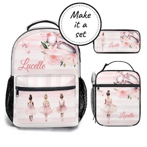 Conjunto de mochila, lonchera y estuche personalizados, mochila escolar y lonchera con bailarina rosa para niños, mochila personalizada para guardería.