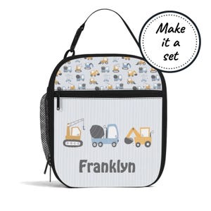 Sac à lunch isotherme avec nom personnalisé pour enfants avec véhicules de construction, boîte à lunch personnalisée avec glacière, cadeau d'anniversaire pour petit garçon
