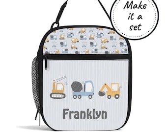 Custom Name Insulated Lunch Bag for Kids with Construction Vehicles, Personalized Food Cooler Lunchbox, Toddler Snack Tote Boy Birthday Gift