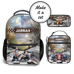 Conjunto de mochila, lonchera y estuche personalizados, mochila escolar y lonchera con diseño de coche de carreras para niños, la mejor mochila personalizada para jardín de infantes.