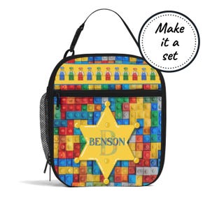 Sac à lunch isotherme avec nom personnalisé pour enfants avec motif en briques, boîte à lunch refroidisseur de nourriture personnalisée, fourre-tout à collation pour bébés et tout-petits, cadeau d'anniversaire pour garçon