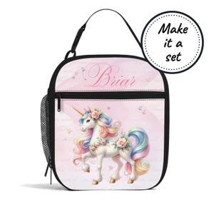 Sac à lunch isotherme avec nom personnalisé pour enfants avec licornes arc-en-ciel, boîte à lunch refroidisseur de nourriture personnalisée, fourre-tout à collation pour bébés et tout-petits, cadeau d'anniversaire