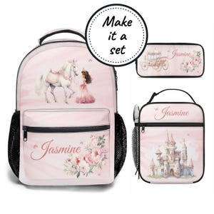 Conjunto de mochila, lonchera y estuche personalizados, mochila escolar y lonchera de princesa rosa para niñas, la mejor mochila personalizada para guardería.