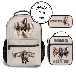 Mochila personalizada, bolsa para el almuerzo y estuche para lápices, mochila escolar y lonchera con caballos salvajes para niños, la mejor mochila personalizada para niños para jardín de infantes