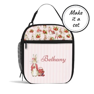 Aangepaste naam geïsoleerde lunchtas voor kinderen met konijntjes, gepersonaliseerde voedselkoeler lunchbox, baby- en peutersnack-tas meisjesverjaardagscadeau