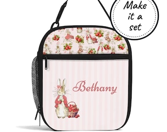 Custom Name Insulated Lunch Bag for Kids with Bunny Rabbits, Personalized Food Cooler Lunchbox, Baby & Toddler Snack Tote Girl Birthday Gift
