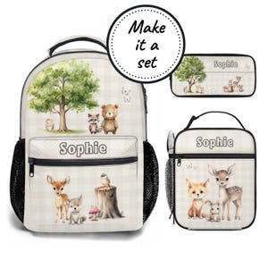 Conjunto de mochila, lonchera y estuche personalizados, mochila escolar y lonchera con animales del bosque para niños, la mejor mochila personalizada para jardín de infantes.
