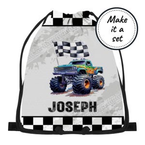 Personalisierte Kordelzugtasche für Kinder mit Monstertrucks, wasserfester Sack für Strand, Schwimmen, Tanzen, Sport und Fitness