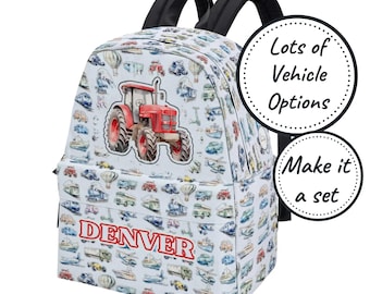 Personalized Toddler Backpack with Custom Name, Kids Retro Vehicles School Bag, Cute Tractor Canvas Rucksack, Boys Best Kindergarten Satchel