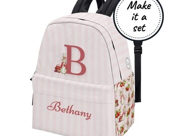 Personalized Toddler Backpack with Monogram & Custom Name, Kids Pink Rabbit Initial School Bag, Canvas Kindergarten Rucksack, Best Satchel