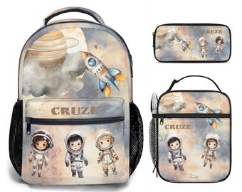 Kinderrugzak Lunchbox Etui 3-delige set Astronauten Raketten Outer Space Thema Gepersonaliseerde Gift Schoolrugzak Satchel Tote Bag Lunchbag