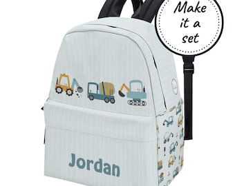 Construction Vehicle Toddler Backpack with Custom Name, Personalized Digger Rucksack, Baby Boy Mini Kindergarten Satchel, Best Birthday Gift