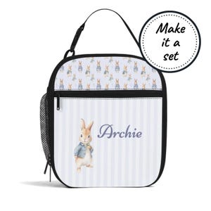 Sac à lunch isotherme avec nom personnalisé pour enfants avec lapins, boîte à lunch refroidisseur de nourriture personnalisée, fourre-tout à collation pour bébés et tout-petits, cadeau d'anniversaire pour garçon